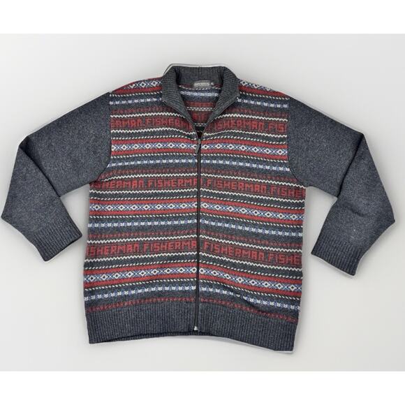 VTG Fisherman Out of Ireland XL Wool Sweater Cardigan Fair Isle Nordic Lambswool - Picture 1 of 13